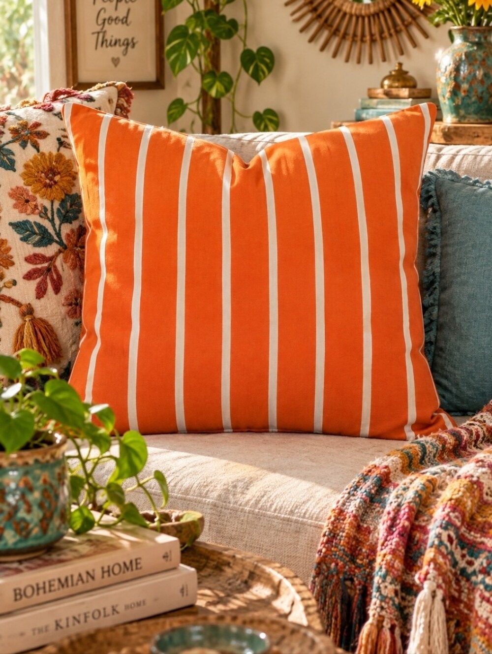 4/$15 Orange White Striped 20x20 Pillow Cover Cushion Boho Maximalist Retro